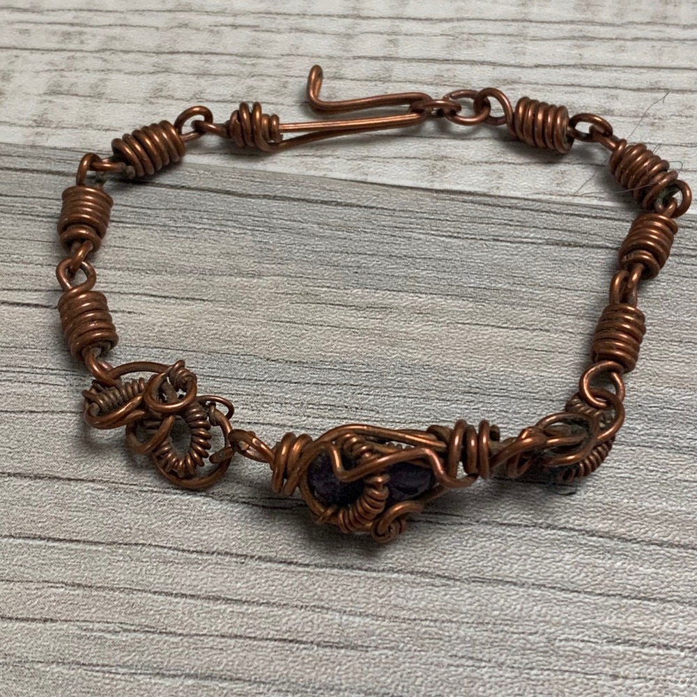 Artisan Copper Wire Wrapped Amethyst Gemstone Bracelet Boho Handmade 6.5 Inch